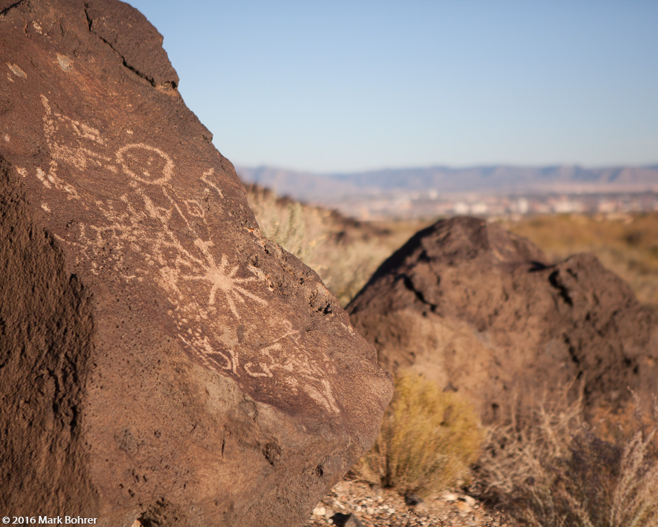 Mesa Prieta sunburst dancer petroglyph, Petroglyph National Monument
