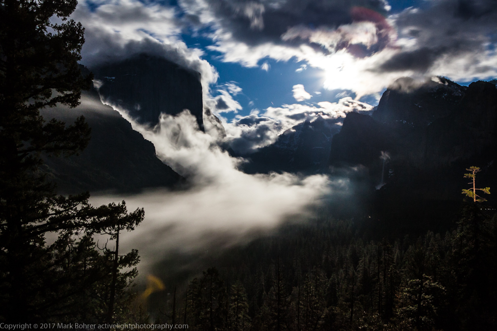 Yosemite by moonlight - note extra car lighting at right