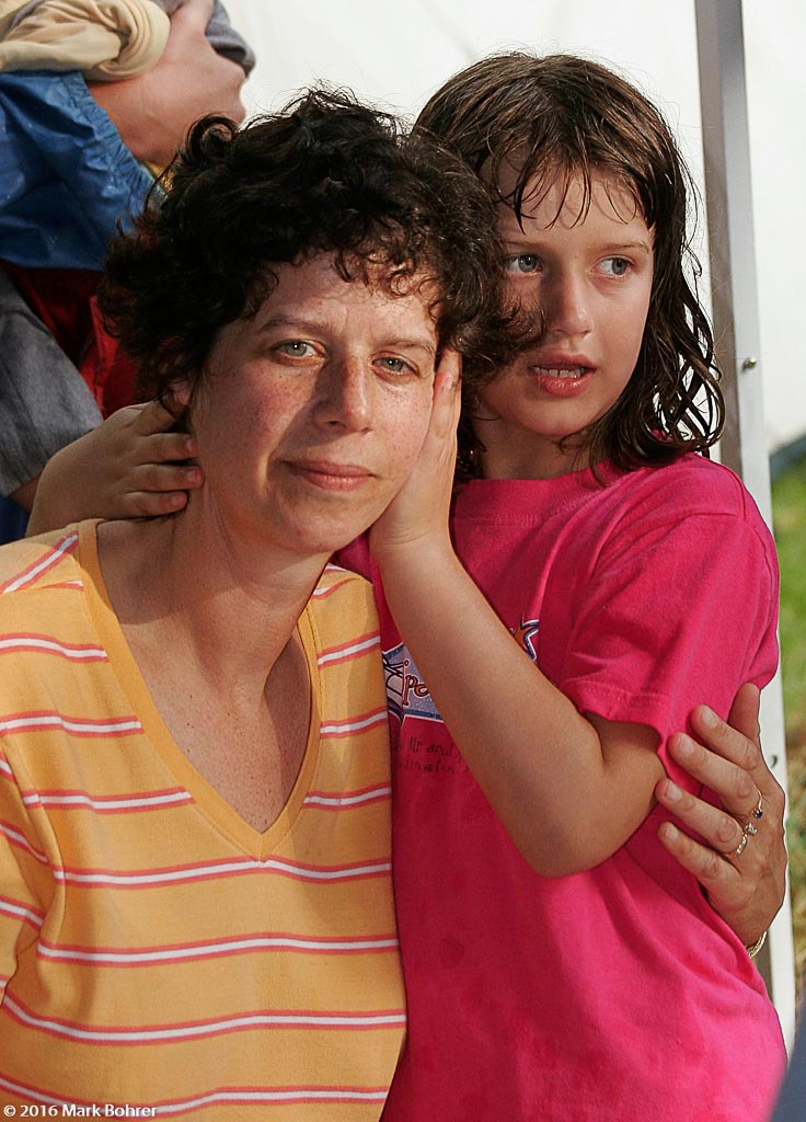 Roberta and Annie Wegeng wait out the rain, 2005 GSP raft trip, Hico, WV
